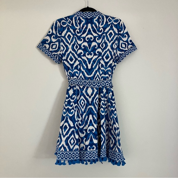 Alice + Olivia Lucy Mini Shirt Dress Pom Pom Hem *Pockets* Blue and White Size 6 - Picture 14 of 15